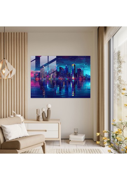 Pointillism Ev Dekorasyonu - Gece Şehir Manzarası - Pointillism, Gece Sahnesi, Cam Baskı, Canlı Işıklar, 45X30 fiyatları