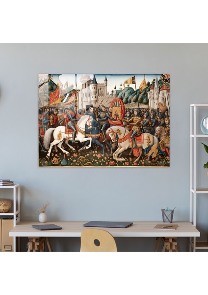 Ortaçağ Cam Baskı - Şövalye Turnuvası - Ortaçağ, Cam Sanatı, Tezahüratlı Kalabalık, Heyecan, 45X30