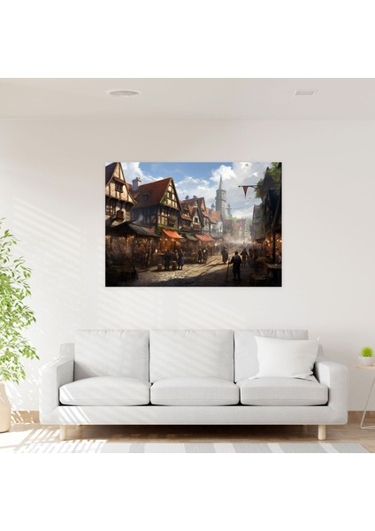 Ortaçağ Duvar Sanatı - Hareketli Köy - Ortaçağ, Tüccarlar, Ortaçağ Köyü, Ortaçağ, 50X30 modelleri