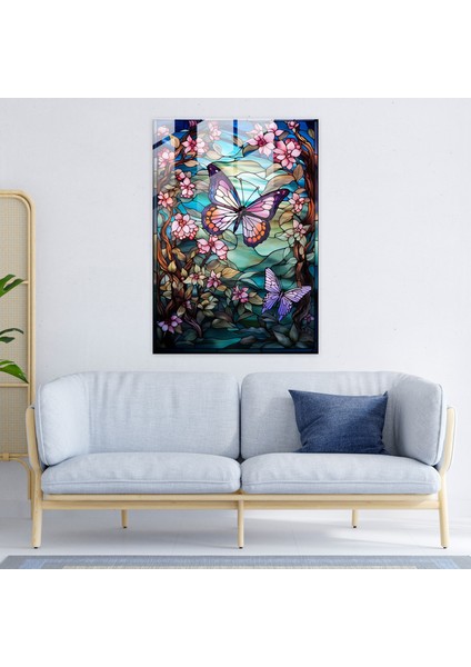 Cam Sanatı Doğa ve Kelebekli Vitray - Gerçekçi Cam Heykel, Cam Baskı, Doğa Manzarası, Vitray, 30X45 modelleri