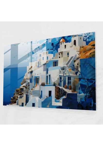 Santorini Dijital Kolaj Cam Baskı - Santorini, Cam Baskı, Modern Sanat, Derin Mavi Deniz, 45X30