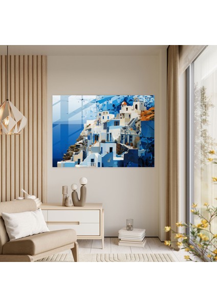 Santorini Dijital Kolaj Cam Baskı - Santorini, Cam Baskı, Modern Sanat, Derin Mavi Deniz, 45X30