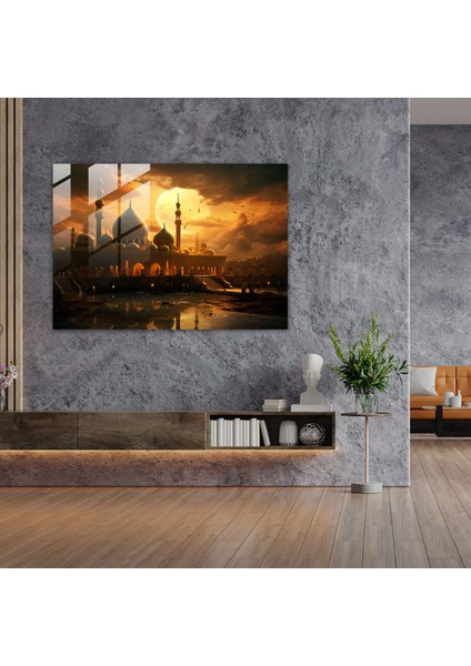 Altın Islam Hat Sanatı Cam Baskı - Akşam Karanlığında Cami - Cami, Islam Hat Sanatı, Ev Dekorasyonu, Modern Sanat, 45X30 modelleri