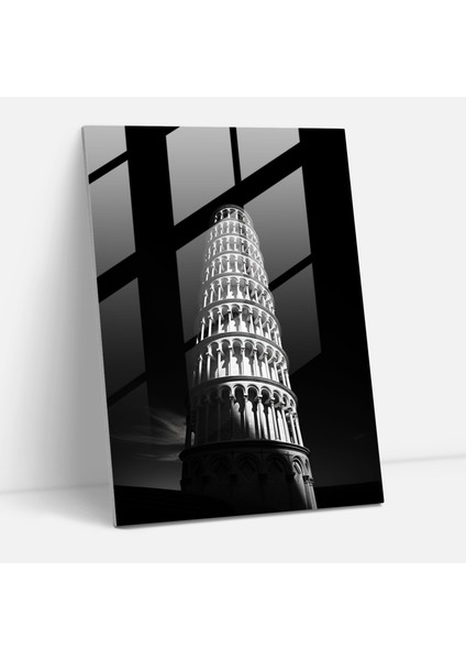 Pisa Kulesi Cam Duvar Sanatı - Pisa Kulesi, Cam Duvar Sanatı, Cam Sanatı, Minimalist Siyah Beyaz Kompozisyon, 30X45