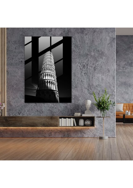 Pisa Kulesi Cam Duvar Sanatı - Pisa Kulesi, Cam Duvar Sanatı, Cam Sanatı, Minimalist Siyah Beyaz Kompozisyon, 30X45 fiyatları