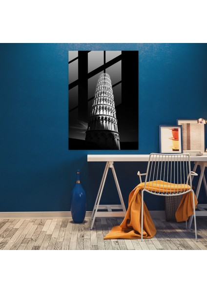 Pisa Kulesi Cam Duvar Sanatı - Pisa Kulesi, Cam Duvar Sanatı, Cam Sanatı, Minimalist Siyah Beyaz Kompozisyon, 30X45 modelleri