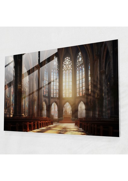 Ortaçağ Cam Duvar Sanatı: Sakin Katedral - Ortaçağ, Vitray Pencereler, Huzur, Cam Baskı, 45X30