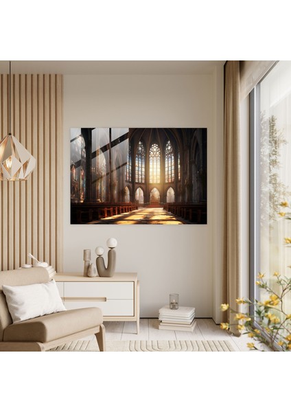 Ortaçağ Cam Duvar Sanatı: Sakin Katedral - Ortaçağ, Vitray Pencereler, Huzur, Cam Baskı, 45X30 fiyatları