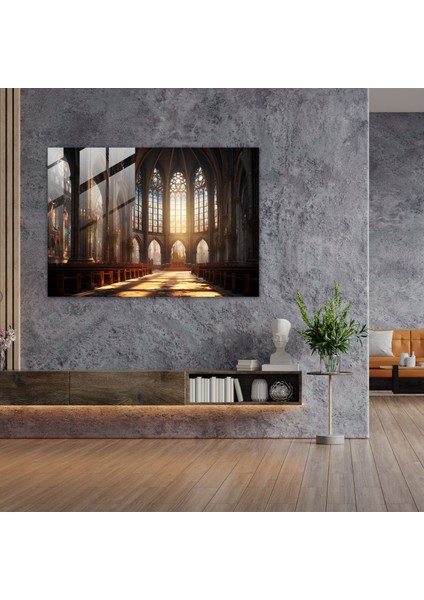 Ortaçağ Cam Duvar Sanatı: Sakin Katedral - Ortaçağ, Vitray Pencereler, Huzur, Cam Baskı, 45X30 modelleri