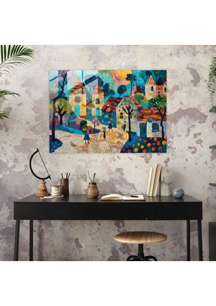 Büyüleyici Köy Cam Duvar Sanatı - Post-Empresyonizm, Cam Baskı, Cam Sanatı, Cam Duvar Sanatı, 45X30 modelleri