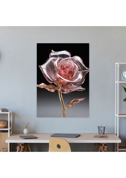 Gerçekçi Cam Heykel - Kristal Berraklığında Tek Gül Kanvas Tablo - Gerçekçi Cam Heykel, Elegance, Tek Gül, Charm, 30X50