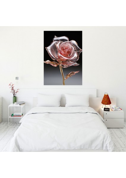 Gerçekçi Cam Heykel - Kristal Berraklığında Tek Gül Kanvas Tablo - Gerçekçi Cam Heykel, Elegance, Tek Gül, Charm, 30X50