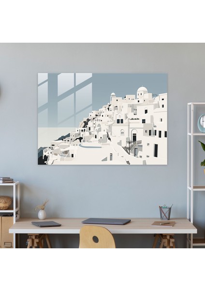 Santorini Cam Sanatı - Santorini, Cam Duvar Sanatı, Kontrast Tonlar, Cam Baskı, 45X30 fiyatları