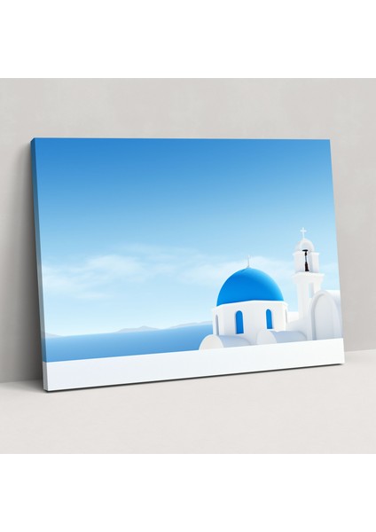 Santorini Kanvas Tablo - Minimalist Mavi Kubbeli Kilise Duvar Tablosu - Santorini, Sakinleştirici Güzellik, Huzur, Santorini, 50X30