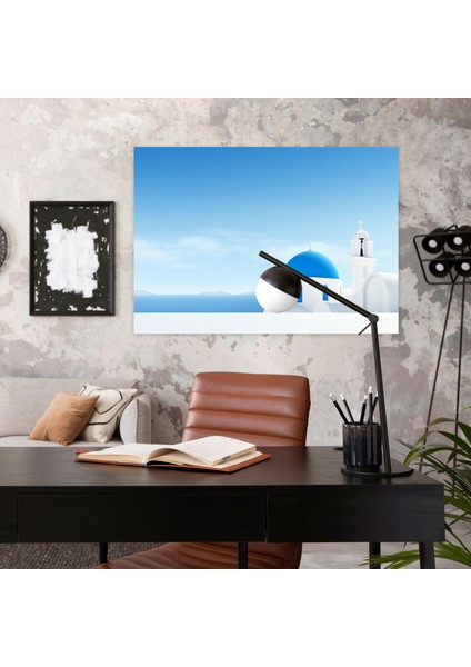 Santorini Kanvas Tablo - Minimalist Mavi Kubbeli Kilise Duvar Tablosu - Santorini, Sakinleştirici Güzellik, Huzur, Santorini, 50X30 modelleri