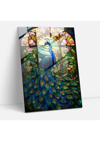 Vitray Baskı - Görkemli Tavus Kuşu Cam Duvar Sanatı - Gerçekçi Cam Heykel, Renkli, Cam Sanatı, Zarif, 30X45
