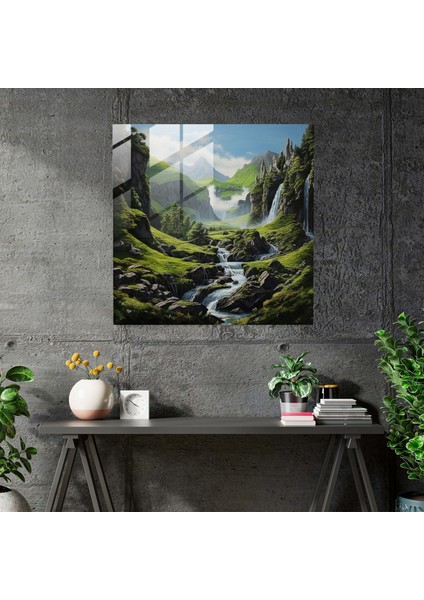 Middle Earth Şelalesi Cam Baskı - Orta Dünya, Cam Baskı, Modern Sanat, Yemyeşil Vadi, 30X30 fiyatları