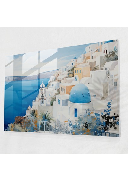 Santorini Cam Baskı: Lüks Manzaralar - Santorini, Modern Lüks, Metalik Vurgular, Duvar Dekorasyonu, 45X30