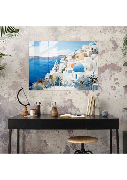 Santorini Cam Baskı: Lüks Manzaralar - Santorini, Modern Lüks, Metalik Vurgular, Duvar Dekorasyonu, 45X30