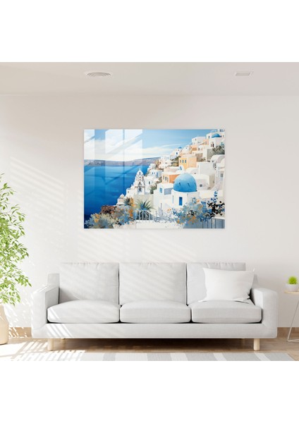 Santorini Cam Baskı: Lüks Manzaralar - Santorini, Modern Lüks, Metalik Vurgular, Duvar Dekorasyonu, 45X30