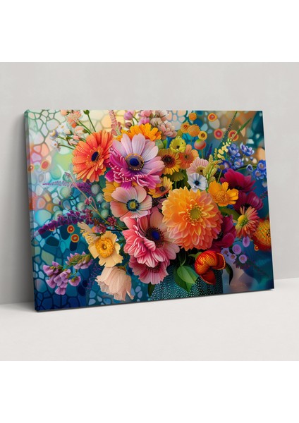 Renkli Buket Pointilizm Duvar Tablosu - Pointilizm, Ev Dekorasyonu, Kanvas Tablo, Duvar Dekorasyonu, 50X30