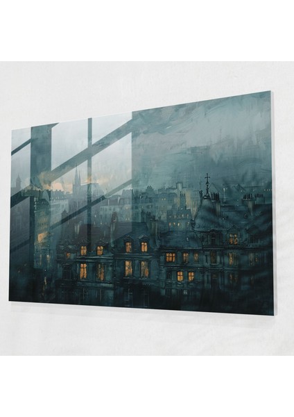 Rembrandt Cam Duvar Sanatı Ev Dekorasyonu - Rembrandt, Akşam Karanlığında Şehir Manzarası, Sessiz Tonlar, Cam Duvar Sanatı, 45X30