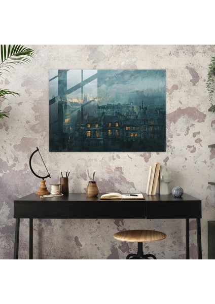 Rembrandt Cam Duvar Sanatı Ev Dekorasyonu - Rembrandt, Akşam Karanlığında Şehir Manzarası, Sessiz Tonlar, Cam Duvar Sanatı, 45X30 modelleri