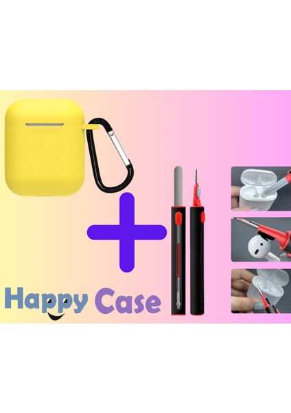 Aır Pods 1.ve 2.nesil Uyumlu Silikon Kılıf ve Kulaklık Temizleme Kalemi Ikili Set, 2'li Set Sarı