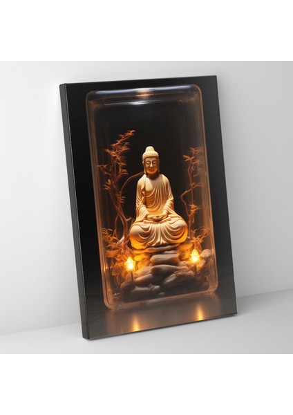 Gerçekçi Cam Heykel Kanvas Tablo - Gerçekçi Cam Heykel, Yumuşak Mum Işığıyla Çevrili Sakin Buda, Duvar Sanatı, Kanvas Tablo, 30X50