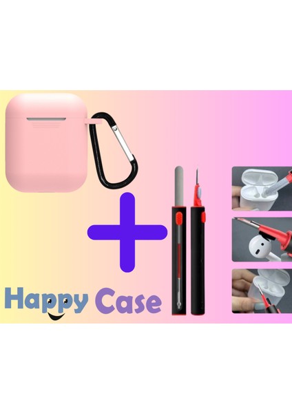 Aır Pods 1.ve 2.nesil Uyumlu Silikon Kılıf ve Kulaklık Temizleme Kalemi Ikili Set, 2'li Set Pudra