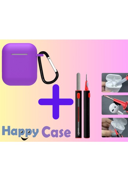 Aır Pods 1.ve 2.nesil Uyumlu Silikon Kılıf ve Kulaklık Temizleme Kalemi Ikili Set, 2'li Set Mor