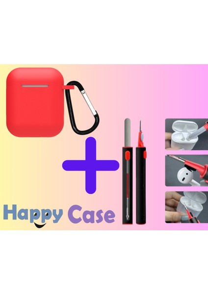 Aır Pods 1.ve 2.nesil Uyumlu Silikon Kılıf ve Kulaklık Temizleme Kalemi Ikili Set, 2'li Set Kırmızı