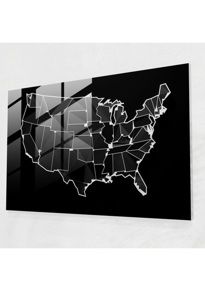 Amerika Birleşik Devletleri Haritası Cam Duvar Sanatı - Amerika Birleşik Devletleri Haritası, Cam Sanatı, Siyah Beyaz Illüstrasyon, Modern Sanat, 45X30
