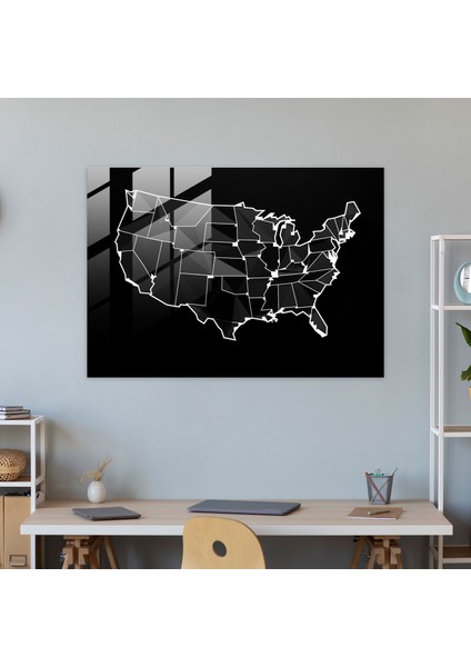 Amerika Birleşik Devletleri Haritası Cam Duvar Sanatı - Amerika Birleşik Devletleri Haritası, Cam Sanatı, Siyah Beyaz Illüstrasyon, Modern Sanat, 45X30 fiyatları