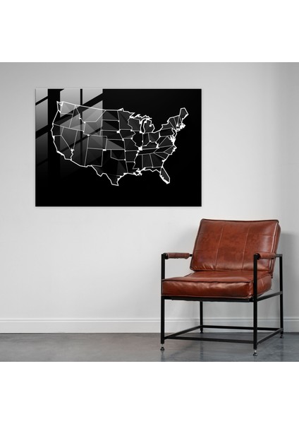 Amerika Birleşik Devletleri Haritası Cam Duvar Sanatı - Amerika Birleşik Devletleri Haritası, Cam Sanatı, Siyah Beyaz Illüstrasyon, Modern Sanat, 45X30 modelleri