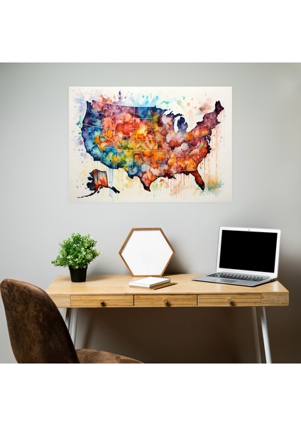 Amerika Birleşik Devletleri Haritası Kanvas Tablo - Amerika Birleşik Devletleri Haritası, Sıvı Fırça Darbeleri, Suluboya Resim, Ev Dekorasyonu, 50X30 fiyatları