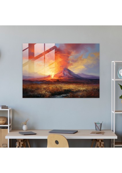 Gün Batımı Volkanı Cam Baskı - Volkan, Duvar Süslemesi, Ev Dekorasyonu, Gün Batımında Volkan, 45X30 modelleri