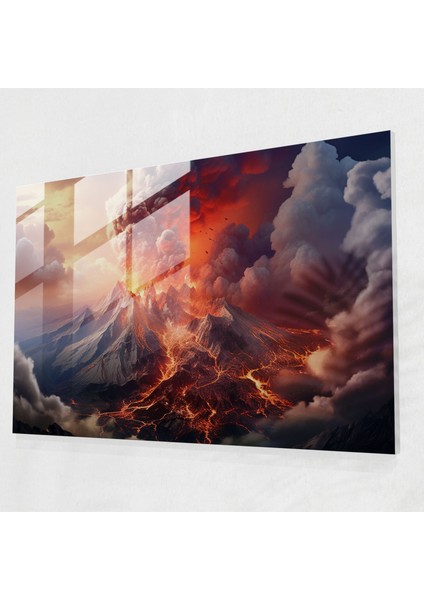 Gerçekçi Volkan Cam Duvar Sanatı - Volkan, Volkanik Manzara, Cam Sanatı, Gerçekçi Dijital Sanat, 45X30