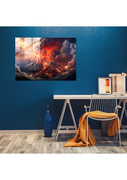 Gerçekçi Volkan Cam Duvar Sanatı - Volkan, Volkanik Manzara, Cam Sanatı, Gerçekçi Dijital Sanat, 45X30 modelleri