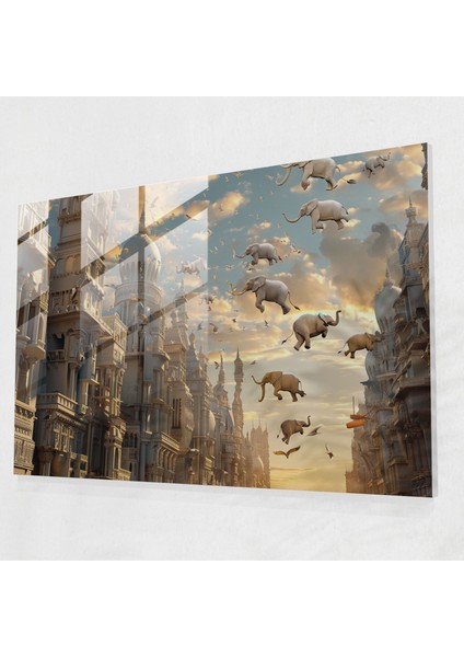Uçan Filler Şehir Manzarası Cam Baskı - Gerçeküstücülük Sanatı, Cam Baskı, Ev Dekorasyonu, Duvar Dekorasyonu, 45X30
