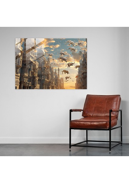 Uçan Filler Şehir Manzarası Cam Baskı - Gerçeküstücülük Sanatı, Cam Baskı, Ev Dekorasyonu, Duvar Dekorasyonu, 45X30