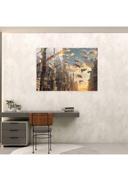 Uçan Filler Şehir Manzarası Cam Baskı - Gerçeküstücülük Sanatı, Cam Baskı, Ev Dekorasyonu, Duvar Dekorasyonu, 45X30