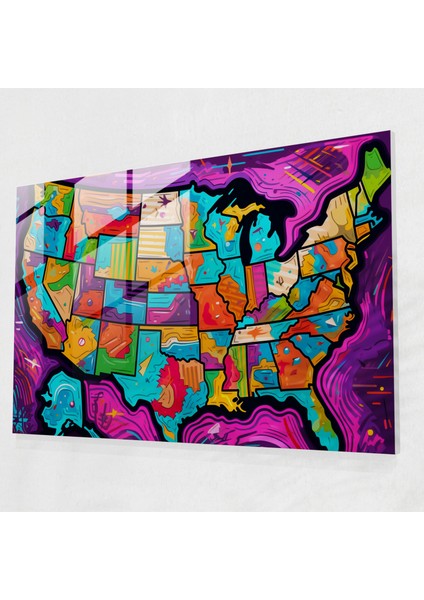 Pop Art Amerika Birleşik Devletleri Haritası Cam Duvar Sanatı - Amerika Birleşik Devletleri Haritası, Renkli, Kalın Çizgiler, Modern Sanat, 45X30