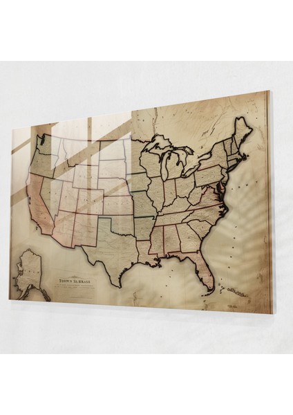 Vintage Amerika Birleşik Devletleri Haritası Cam Baskı - Amerika Birleşik Devletleri Haritası, Cam Duvar Sanatı, Vintage'dan Esinlenen Illüstrasyon, Modern Sanat, 45X30