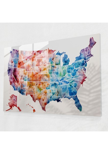 Amerika Haritası Cam Duvar Sanatı - Amerika Birleşik Devletleri Haritası, Modern Sanat, Cam Duvar Sanatı, Duvar Dekorasyonu, 45X30