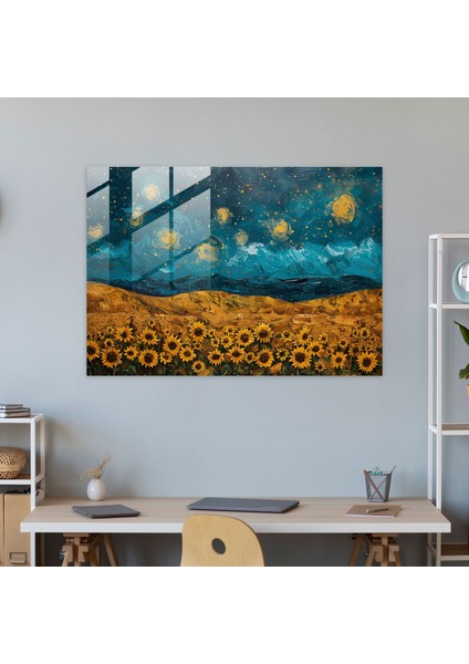 Vincent Van Gogh Cam Tablo - Yıldızlı Gece Gökyüzü - Vincent Van Gogh, Cam Duvar Sanatı, Ev Dekorasyonu, Vincent Van Gogh, 45X30 modelleri