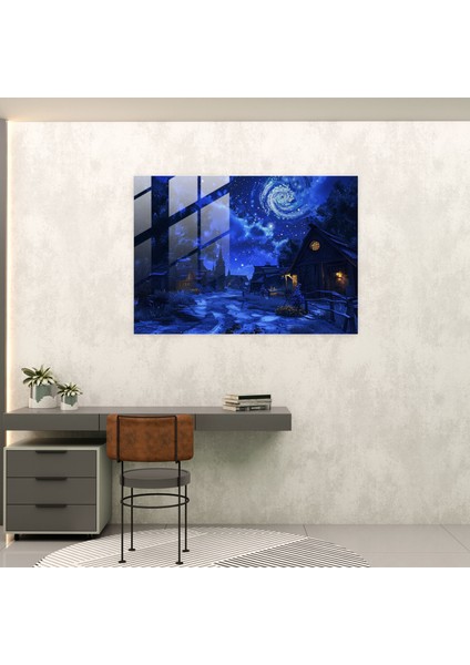 Vincent Van Gogh Cam Baskı - Yıldızlı Gecenin Altında Huzurlu Köy - Vincent Van Gogh, Cam Baskı, Ev Dekorasyonu, Vincent Van Gogh, 45X30 modelleri