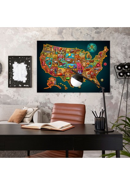 Renkli Amerika Birleşik Devletleri Haritası Duvar Tablosu - Amerika Birleşik Devletleri Haritası, Kanvas Tablo, Kanvas Tablo, Kültürel Semboller, 50X30 modelleri