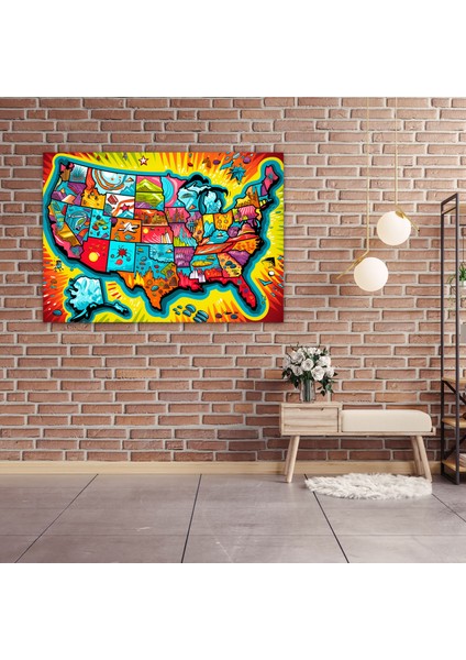 Pop Art Amerika Birleşik Devletleri Haritası Duvar Dekorasyonu - Amerika Birleşik Devletleri Haritası, Duvar Sanatı, Kanvas, Koyu Renkler, 50X30 fiyatları