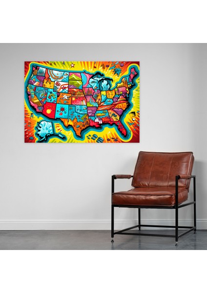 Pop Art Amerika Birleşik Devletleri Haritası Duvar Dekorasyonu - Amerika Birleşik Devletleri Haritası, Duvar Sanatı, Kanvas, Koyu Renkler, 50X30 modelleri